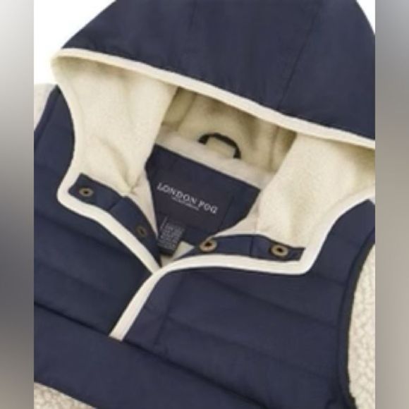London Fog Dark Blue & Cream Color-Block Puffer-Panel Sherpa Hooded Pullover - Picture 4 of 14